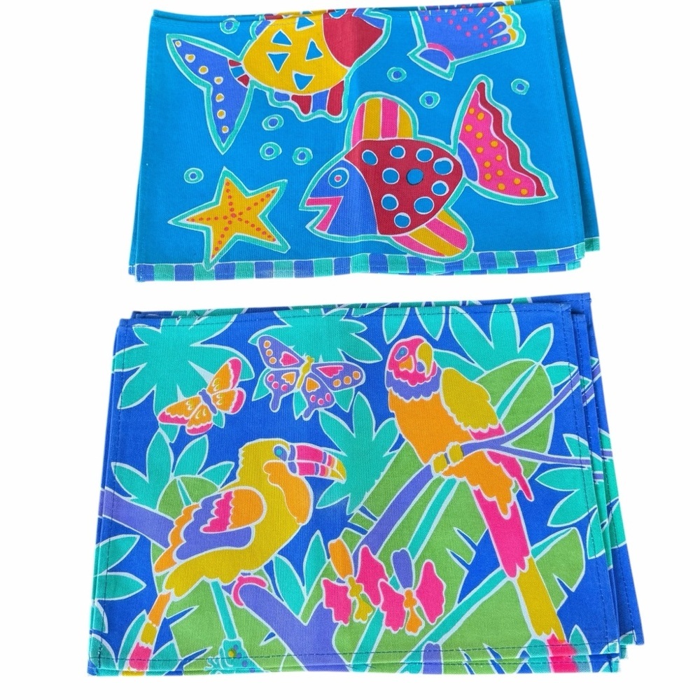 Vintage Tropical Fish Parrots Placemat Set Bright Colorful Fun Indoor Outdoor